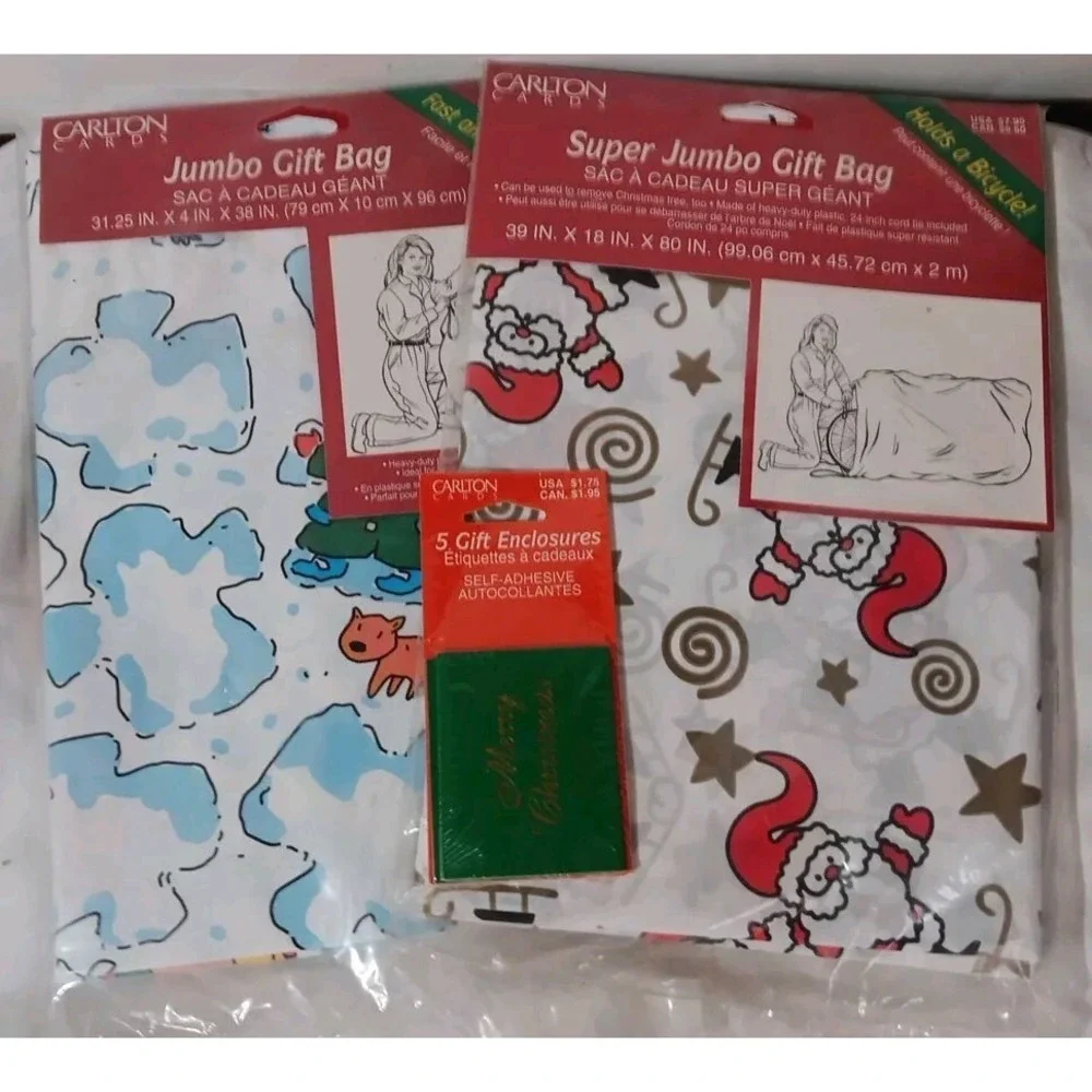 2 Super Jumbo Gift Bags Plastic Christmas 39x18x80 Inch/31.25x4x38 Inch +5 Tags